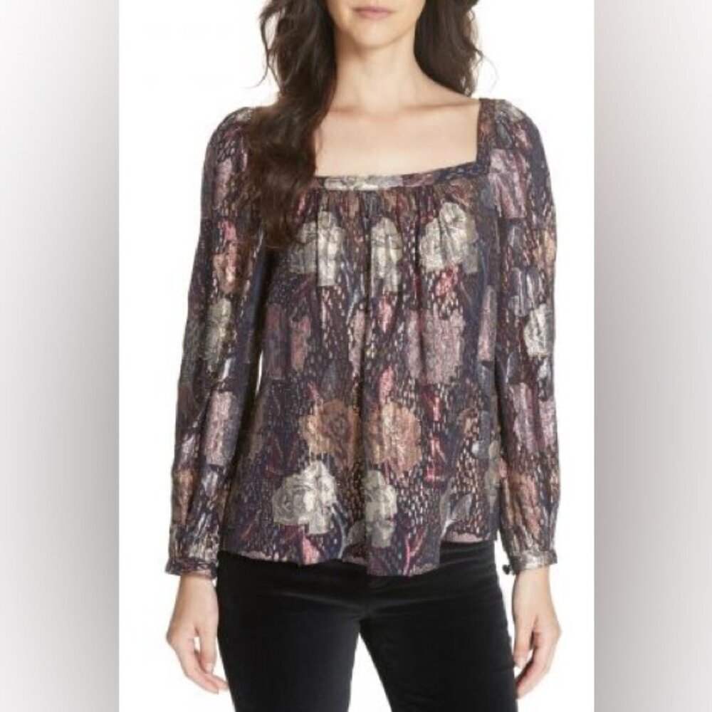 REBECCA TAYLOR Rose Clip Blouse small metallic